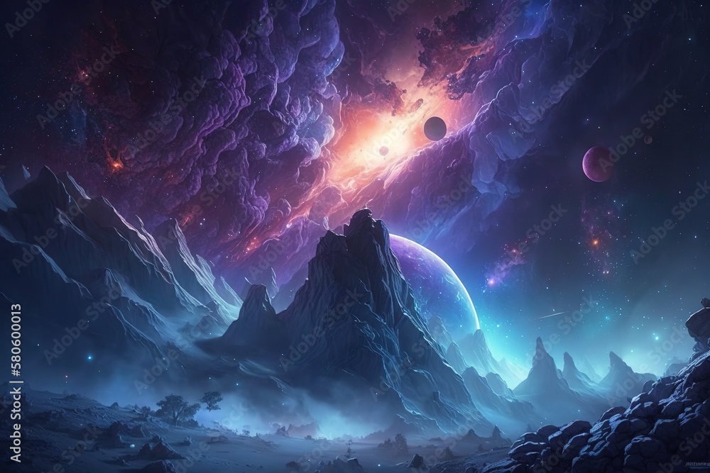 Poster a cosmic landscape, a view of the planets from a close distance, life on an unknown planet.generativ