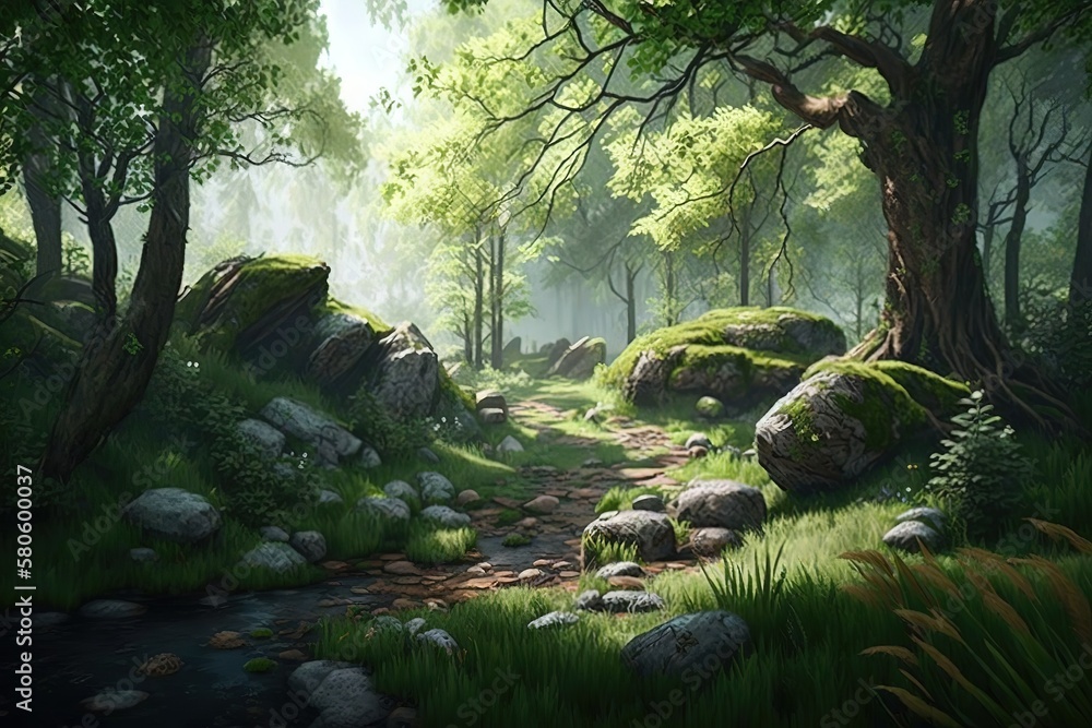 Aufkleber spring forest clearing with green grass, in daylight.generative ai