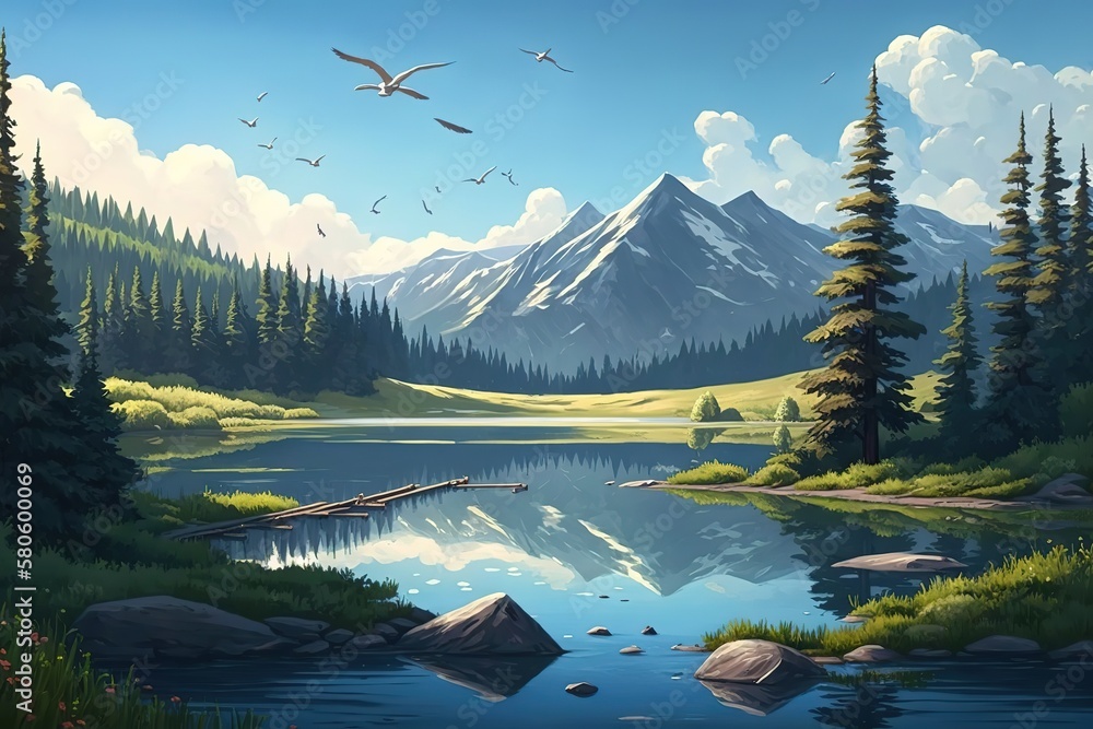 Poster a mountain landscape on a sunny day with birds soaring in the sky and a forest.generative ai