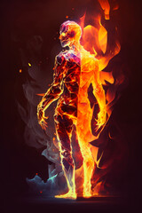 An image of man in flames and fire. Generative AI.