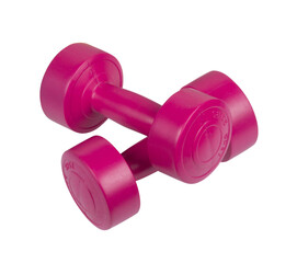 Obraz premium Two bright colored athletic rubber dumbbells, png isolated on transparent background