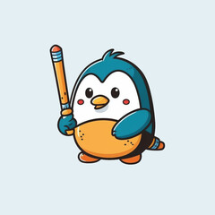 Penguin playing hockey with a happy feeling, premium vector art, illustration, flat cartoon design, Generative AI