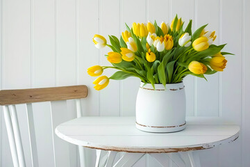 Yellow tulips in vase on white table. Generative AI.
