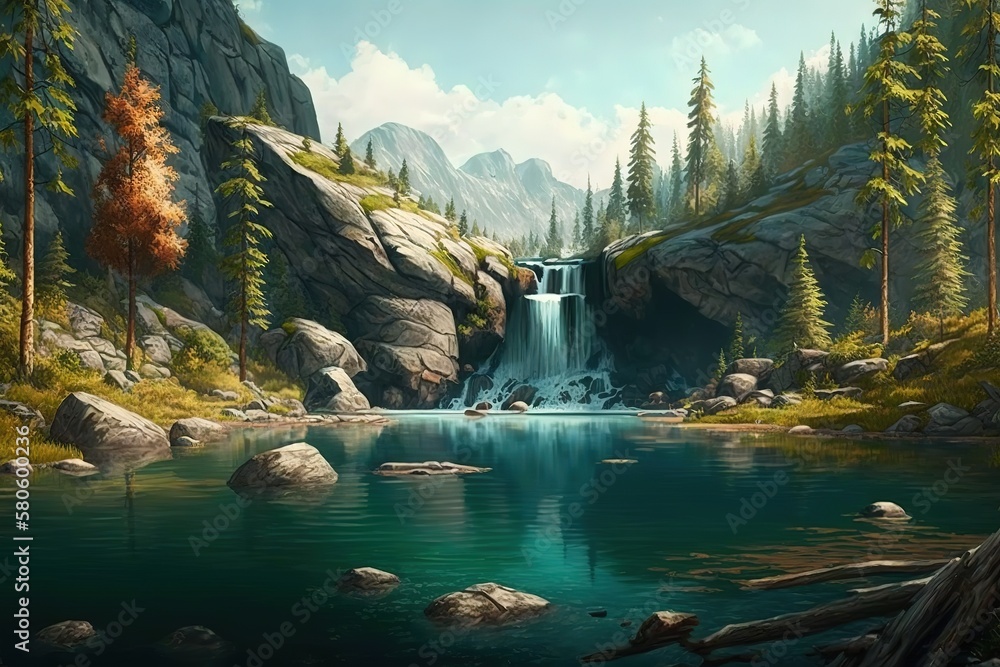 Poster A river stream flowing down from a cliff and flowing into a stream or lake with green hills and trees around.Generative AI