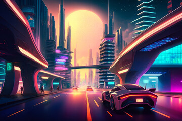 An image of futuristic city at night. Generative AI.