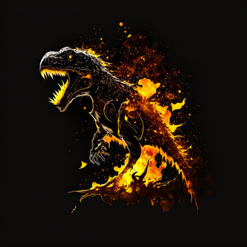 t-rex in flames on black background. Generative AI.
