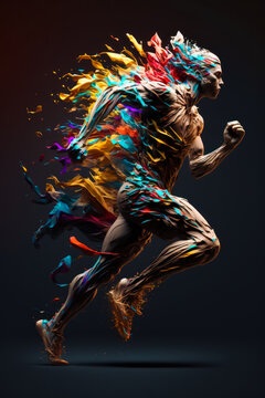An image of man running with colorful paint on his body. Generative AI.