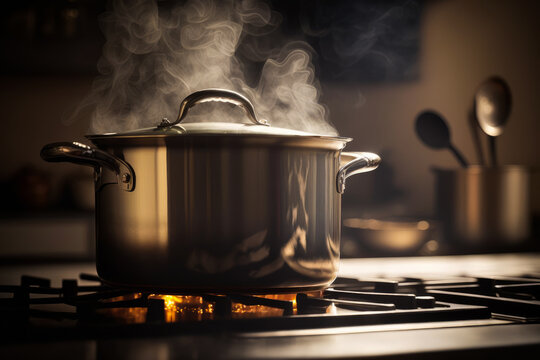 Pot on stove with steam coming out of it. Generative AI.