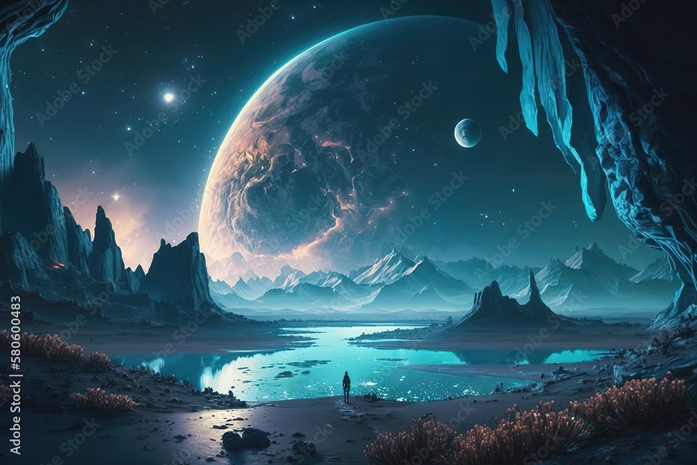 Aufkleber a cosmic landscape, a view of the planets from a close distance, life on an unknown planet.generativ