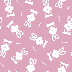 Seamless pattern with cute white bunnies and carrots on a pink background