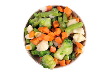 frozen vegetable mix in a plastic bowl, top view