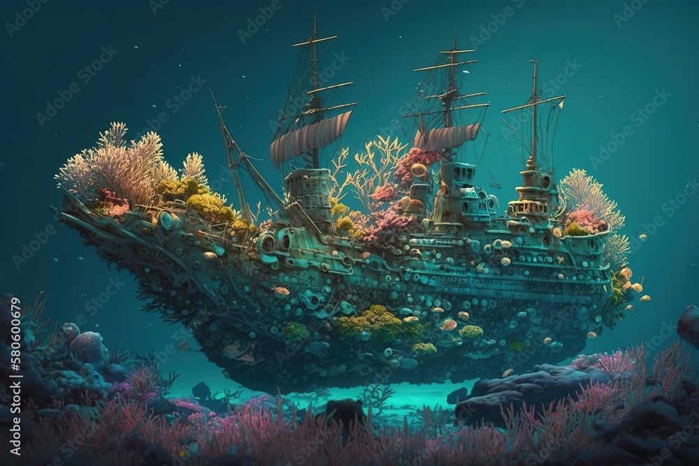 Poster a sunken ship at the bottom of the ocean overgrown with marine plants.generative ai