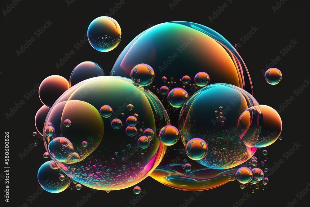 Poster Abstract background with neon soap bubbles, rainbow colored iridescent spheres on a black background.Generative AI