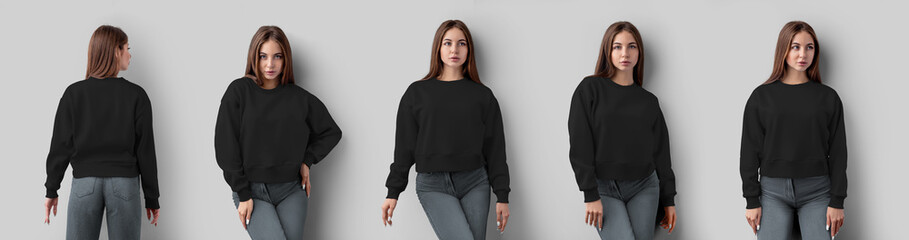 Set of a black sweatshirt on a dark-haired girl in jeans, mockup of a cropped canvas bella shirt, isolated on the background. F