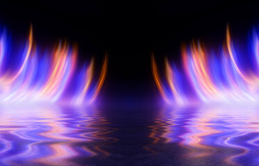 Dark fractal, abstract background. Bright neon lines, waves. Blurred laser shapes reflected on the water