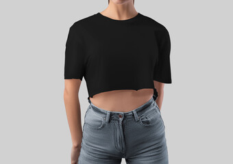 Mockup of black crop top on girl in gray jeans, blank t-shirt canvas bella, for design, branding,...