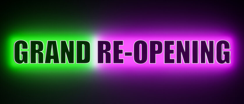 Grand Re-opening. Colored glowing banner with the text good news. Open again, announcement, new beginnings, opening event and commercial sign. 