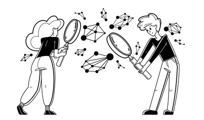 Scientists working on some science inquiry research or invention, discovering molecules and learning education, vector outline illustration, laboratory.