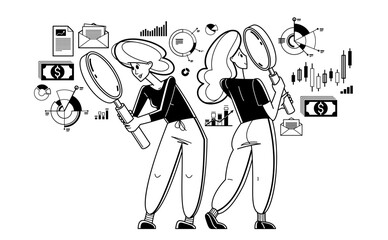 Financial analytics making inquiry about budget balance in business company, vector outline illustration, business strategy growth, teamwork.