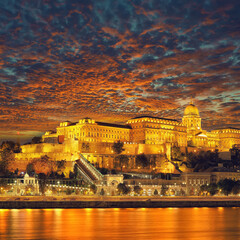 Fototapeta na wymiar Amazing night scene with view at river Danube and famous building of Hungarian Parliament.