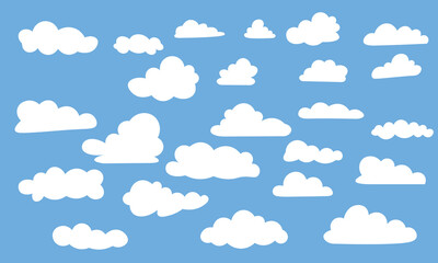 Simple cute cartoon cloud collection. Abstract white cloudy set on blue background vector illustration