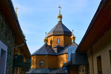 Fototapeta na wymiar Mountain forest peaceful monastery Manyava,Karpatian mountains, Ukraine