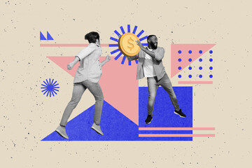 Creative collage image of two excited black white effect guys run arms hold big money coin isolated...