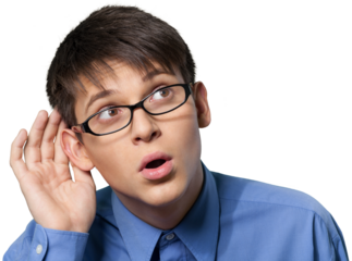 Young man wearing glasses and cupping his ear