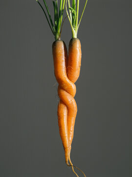  Pair of fresh strangled carrots close up