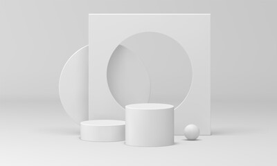 White geometric pedestal cylinder platform award arena 3d showroom realistic vector