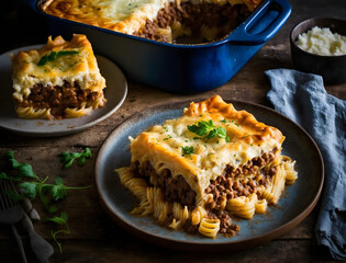 Pastitsio is a classic Greek dish. Served in a deep casserole dish, the dish is made up of layers of tender pasta, savory ground beef, and a creamy béchamel sauce, AI generated
