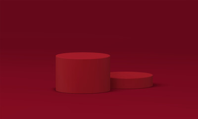 Red pedestal cylinder platform showroom construction for product promo advertising 3d vector
