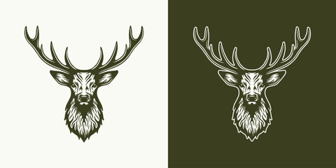 Vintage retro hunting adventure element. Deer head. Can be used for emblem, logo, badge, label. mark, poster or print. Monochrome Graphic Art. Vector Illustration.
