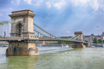 Breathtaking daily scene with  Széchenyi Chain bridge over Danube river.