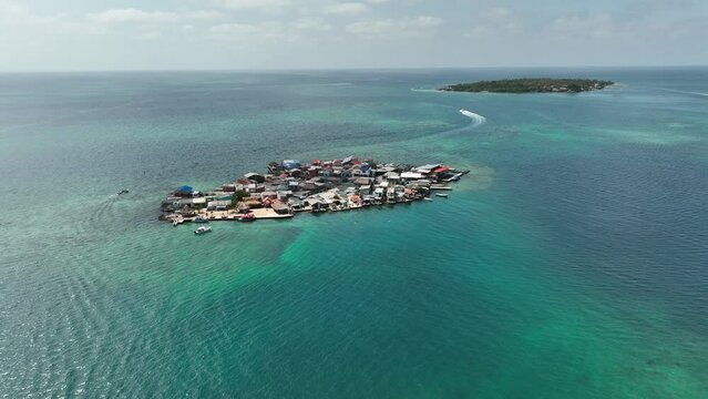 Santa Cruz Del Islote, Colombia. Aerial View of Small Populated Island in Caribbean Sea, Drone Shot