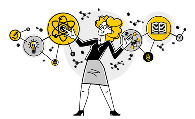 Scientist discovering science theory and making experiments vector outline illustration, science research or invention, physics and chemistry.