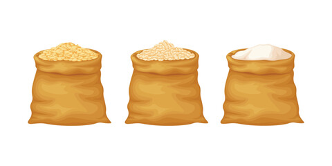 Oats. Bags of oat grains, oat flakes and flour. Cereals in bags. Vector illustration