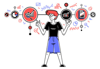 Worker analyzes some data and systematizing information, vector outline illustration, abstract big data analysis, automation