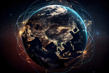 Network connected across planet Earth , view from space. Concept of smart wireless communication technology, Ai generative
