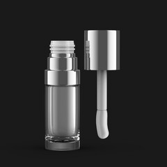 silver glass lip oil open bottle front view isolated black background