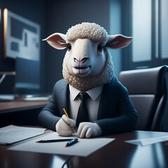 Sheep in business suit and tie sits at an office desk. Generative AI - obrazy, fototapety, plakaty