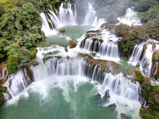 Ban Gioc Waterfall, Cao Bang Province, Vietnam - View panorama of Ban Gioc Waterfall on a sunny beautifull day. This is the largest and most beautiful waterfall in Southeast Asia. © Quang