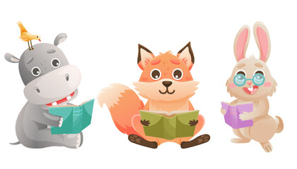 Cute little hippo, fox and bunny are reading book on a beach. Reading children concept illustration