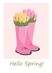Greeting card with different tulips in rubber boots. Spring or summer vector illustration sketch