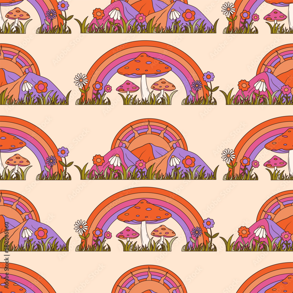 Poster seamless vector pattern with colorful groovy rainbow and mushrooms. 70s and 60s style background. vi
