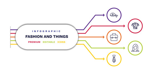 set of fashion and things thin line icons. fashion and things outline icons with infographic template. linear icons such as pirate scarf, office briefcase, stripped tie, hawaiian, wig vector.