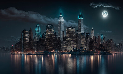 Fototapeta premium Night skyline of Manhattan, New York City. Generative AI
