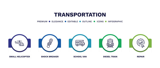 set of transportation thin line icons. transportation outline icons with infographic template. linear icons such as small helicopter, shock breaker, school van, diesel train, repair vector.