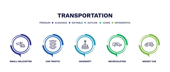 set of transportation thin line icons. transportation outline icons with infographic template. linear icons such as small helicopter, car traffic, gearshift, recirculation, midget car vector.