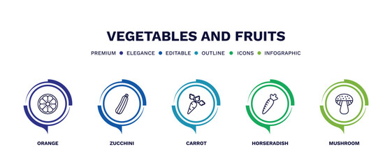 set of vegetables and fruits thin line icons. vegetables and fruits outline icons with infographic template. linear icons such as orange, zucchini, carrot, horseradish, mushroom vector.